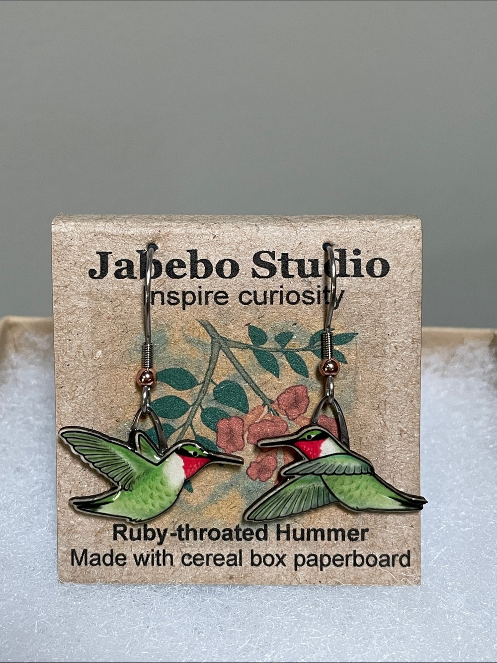 Green Ruby-Throated Hummingbird Drop Earrings